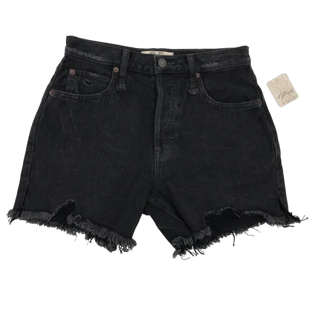 We The Free Black Denim Button Fly Cut Off Frayed Hem Short Size 25